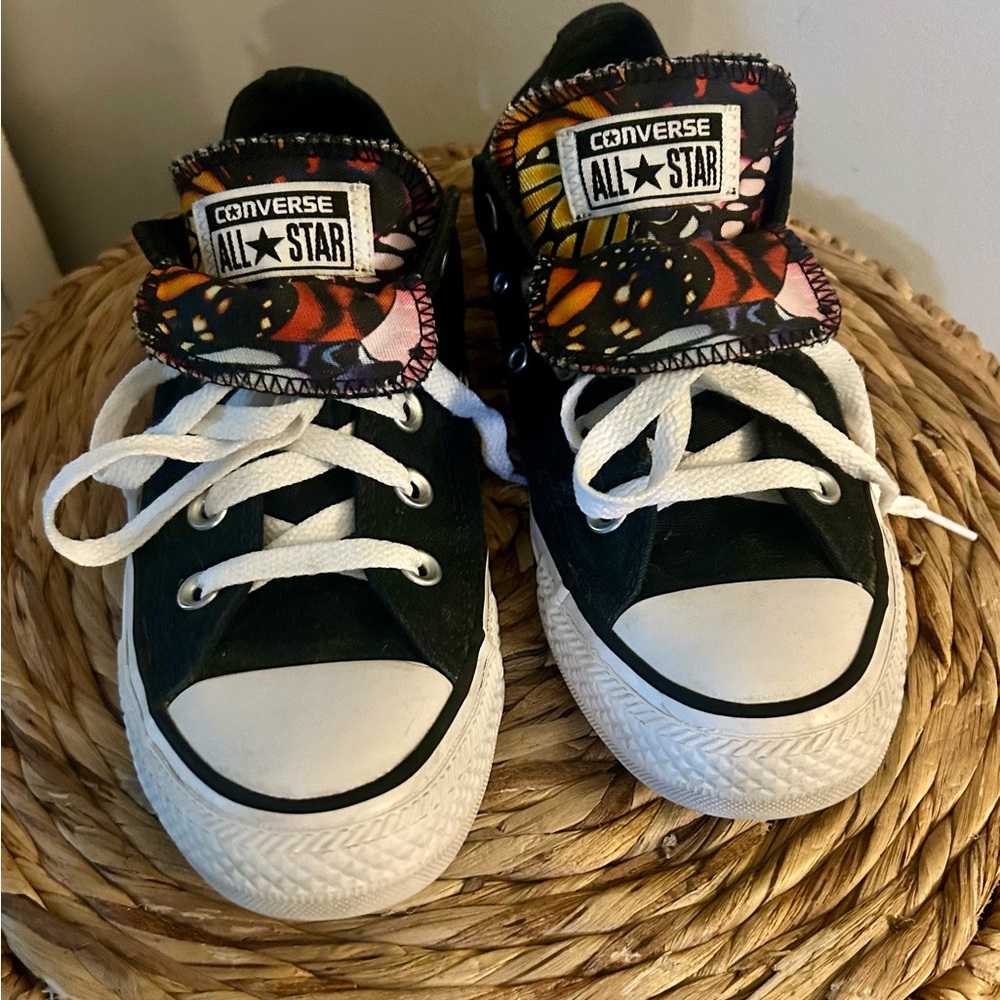 Converse All Star Women’s Size 6 Black Shoes with Colorful Butterfly Accents.